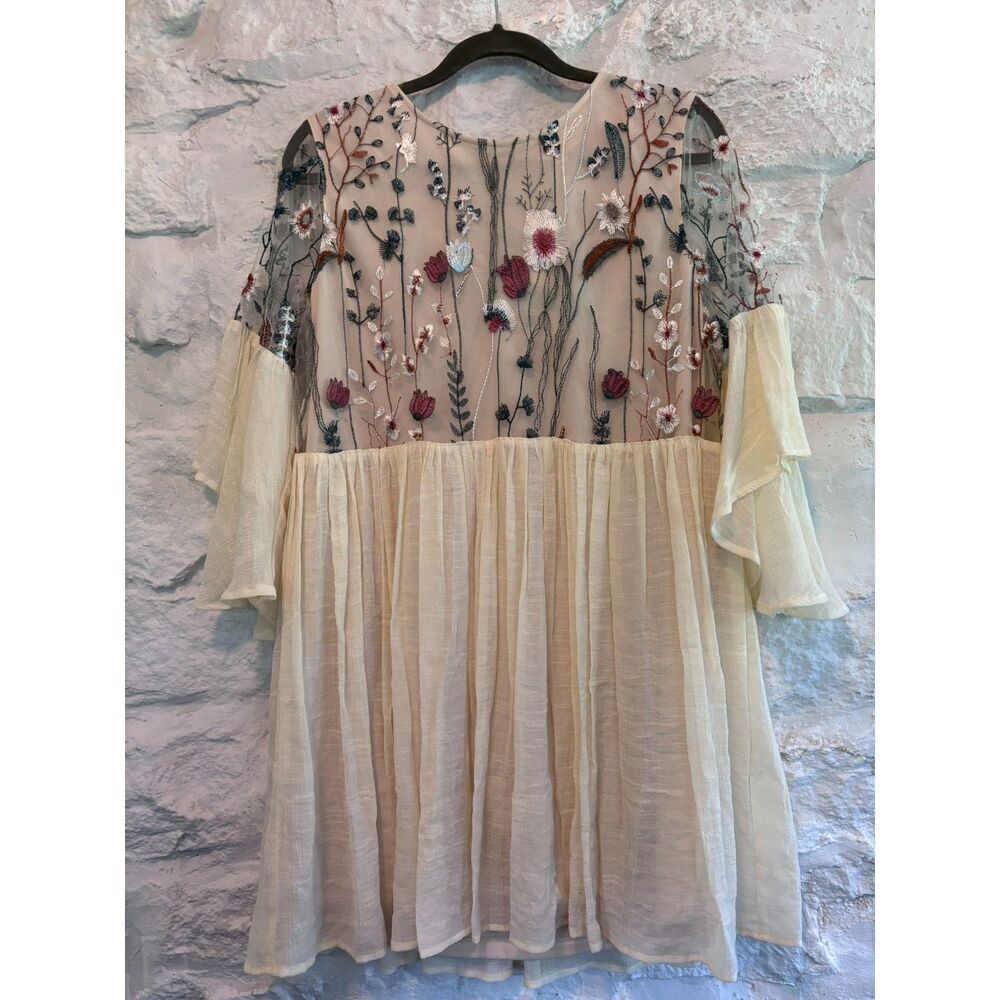 Umgee Embroidered Floral Mesh Yoke Dress Ivory Boho Bell Sleeve Cottagecore NWT